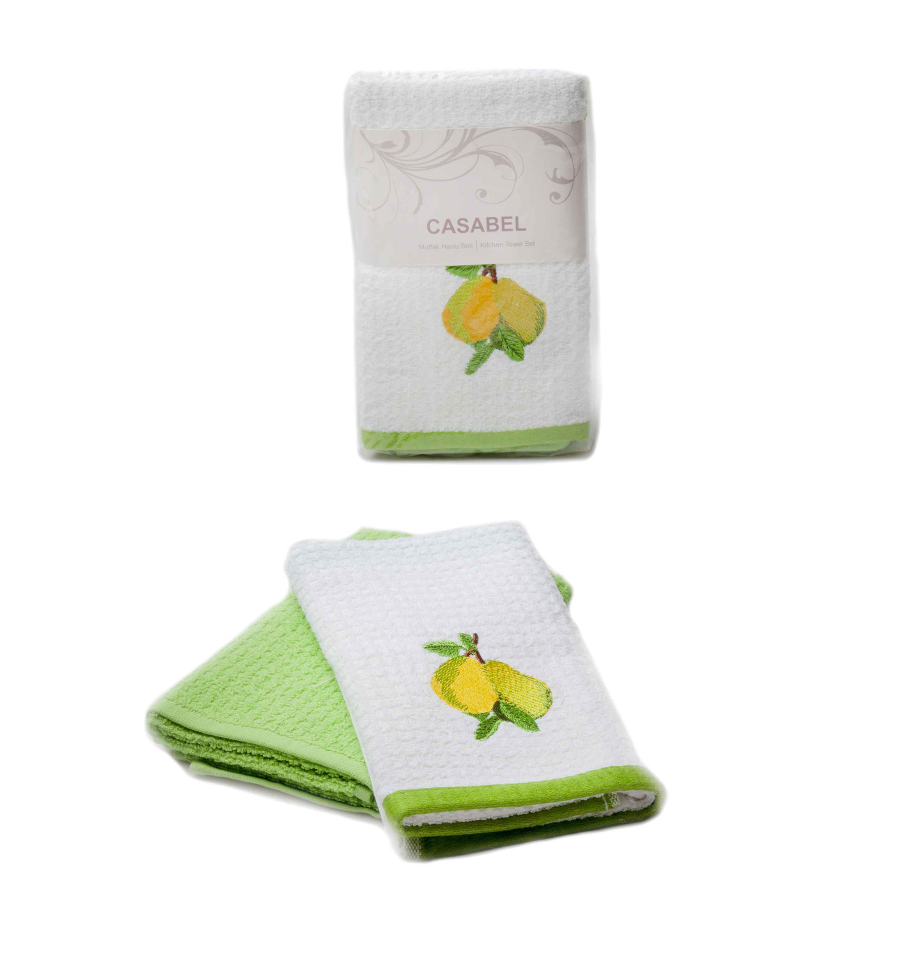 حوله 2 تکه آشپزخانه کازابل طرح گلابی Casabel Kitchen Towel Set 2pcs 40X70 Pear White and Green Color