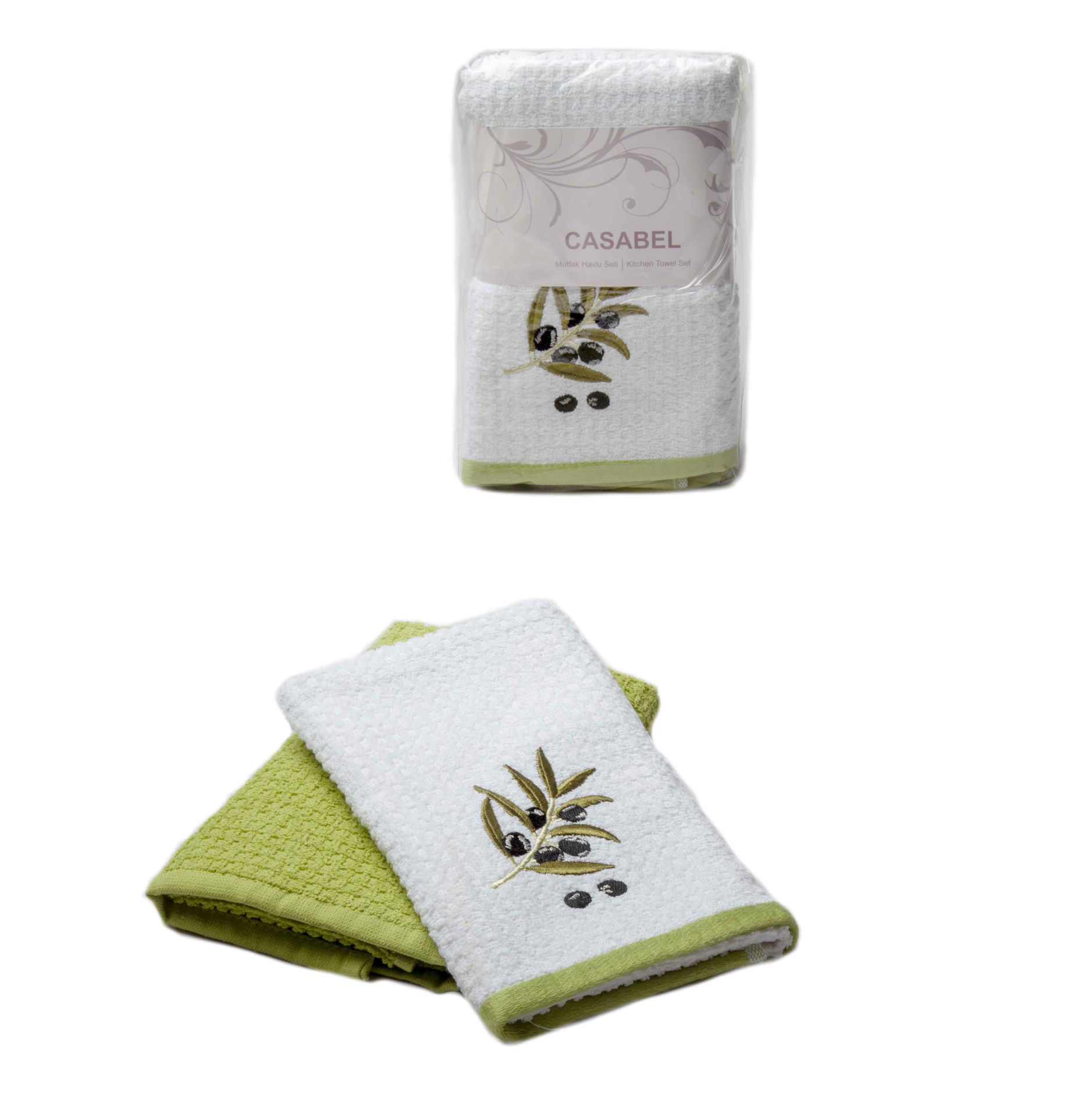 حوله 2 تکه آشپزخانه کازابل طرح زیتون سیاه Casabel Kitchen Towel Set 2pcs 40X70 Black Olivese White and Green Color